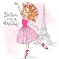 Hand drawn beautiful, lovely, little ballerina girl with flowers on her head and background with eiffel tower. Royalty Free Stock Photo