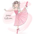 Hand drawn beautiful, lovely, little ballerina girl with freckles and flowers on her head. Royalty Free Stock Photo