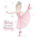 Hand drawn beautiful, lovely, little ballerina girl with freckles and flowers on her head. Royalty Free Stock Photo