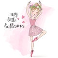 Hand drawn beautiful, lovely, little ballerina girl with freckles and wreath on her head. Royalty Free Stock Photo