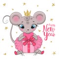 Hand drawn beautiful cute little winter fairy girl with a present and the words Happy New Year. Royalty Free Stock Photo