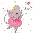 Hand drawn beautiful, lovely, little mouse ballerina girl with crown on her head.