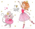 Hand drawn beautiful, lovely, little mouse and ballerina girl with crown on her heads.