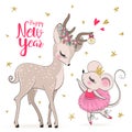 Hand drawn beautiful, lovely, little mouse ballerina girl with cute deer. Happy new year.