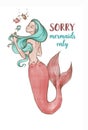 Hand-drawn beautiful mermaid character illustration. Sea template for poster, card, invitation.