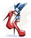 Hand drawn beautiful red shoes with high heels. Fashion accessories. Stylish women shoes.