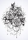 Hand-drawn Beautiful Roses In Linear Style. Tattoo Art. Graphic Vintage Composition. Vector Illustration Isolated. T-shirts.