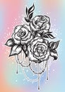 Hand-drawn beautiful roses in linear style. Tattoo art. Graphic vintage composition. Vector illustration isolated. Royalty Free Stock Photo