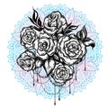 Hand-drawn beautiful roses over the Mandala, ornate round pattern. Tattoo art. Graphic vintage composition in linear style. Vector Royalty Free Stock Photo