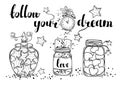 Hand drawn beautiful vintage jars full of stars, hearts and love. Boho style. Vector art illustrating the concept of love.