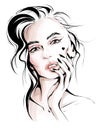 Hand drawn beautiful woman face. Stylish blonde hair girl. Fashion woman. Fashion illustration.