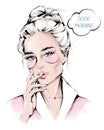 Hand drawn beautiful woman with hydrogel eye patches on her face. Stylish blonde hair girl. WomenÃ¢â¬â¢s morning routine. Sketch.