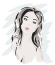 Hand drawn beautiful woman portrait. fashionable girl with curly hair. Sketch. Vector illustration.