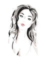 Hand drawn beautiful woman portrait. fashionable girl with curly hair. Sketch. Vector illustration.