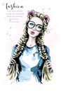 Hand drawn beautiful woman portrait. Fashion blonde hair woman with two braids. Stylish girl in sunglasses. Royalty Free Stock Photo