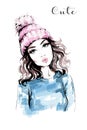 Hand drawn beautiful woman portrait. Fashion woman in knitted hat with pompom. Stylish look. Fashion girl. Royalty Free Stock Photo