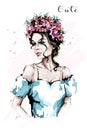Hand drawn beautiful woman portrait. Fashion lady in flower wreath. Stylish cute girl.
