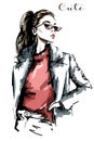 Hand drawn beautiful woman portrait. Fashion woman in sunglasses. Sketch. Royalty Free Stock Photo