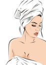 Hand drawn beautiful woman portrait. Fashion woman with bath towel on her head. Sketch. Vector illustration. Royalty Free Stock Photo