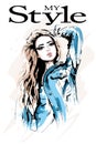 Hand drawn beautiful woman portrait. Stylish woman in jeans jacket. Fashion girl with blond hair.