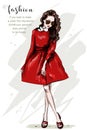 Hand drawn beautiful woman in red dress. Fashion woman full body portrait. Stylish girl in sunglasses. Royalty Free Stock Photo