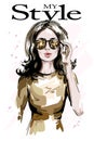 Hand drawn beautiful woman in sunglasses. Fashion woman portrait. Stylish lady. Sketch. Royalty Free Stock Photo