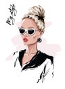 Hand drawn beautiful young blonde hair woman in sunglasses. Stylish girl with bun hairstyle. Fashion woman look. Sketch.