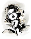 Hand drawn beautiful young curly hair woman. Stylish girl in gothic style. Fashion woman look.