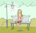 Hand drawn beautiful young girl sit on the bench