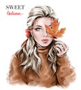 Hand drawn beautiful young woman with autumn leaf. Fashion woman. Royalty Free Stock Photo