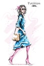 Hand drawn beautiful young woman with bag. Stylish elegant girl in dress. Fashion woman look.