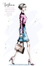 Hand drawn beautiful young woman with bag. Stylish elegant girl. Fashion woman walking. Royalty Free Stock Photo