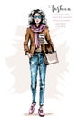 Hand drawn beautiful young woman with bag. Stylish girl in casual clothing. Fashion woman look. Female outfit.