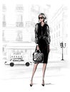 Hand drawn beautiful young woman in black dress. Fashion woman with bag. Girl in black shoes with Paris street background. Sketch.