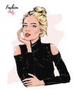 Hand drawn beautiful young woman. Blond hair girl. Fashion woman.