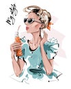 Hand drawn beautiful young woman with bottle of juice. Stylish girl in sunglasses. Fashion woman look. Sketch. Royalty Free Stock Photo