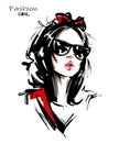 Hand drawn beautiful young woman with bow in her hair. Stylish girl. Fashion woman look. Sketch. Royalty Free Stock Photo