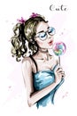 Hand drawn beautiful young woman with candy. Fashion woman with ponytails. Stylish girl.