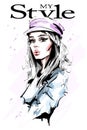 Hand drawn beautiful young woman in cap. Stylish elegant girl. Fashion woman portrait. Royalty Free Stock Photo