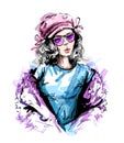 Hand drawn beautiful young woman in cap. Stylish elegant girl look. Fashion woman portrait. Royalty Free Stock Photo