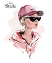 Hand drawn beautiful young woman in cap. Stylish girl in sunglasses. Fashion woman look. Sketch. Royalty Free Stock Photo