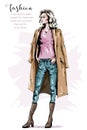 Hand drawn beautiful young woman in coat. Stylish elegant girl. Fashion woman look. Fashion winter outfit.