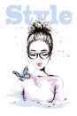 Hand drawn beautiful young woman with colorful butterfly. Fashion woman with stylish hairstyle. Cute girl in eyeglasses.