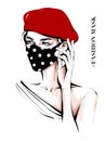 Hand drawn beautiful young woman in ear loop face mask. Stylish girl in red cap. Woman wearing medical mask. Fashion mask. Sketch. Royalty Free Stock Photo