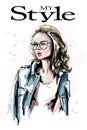 Hand drawn beautiful young woman in eyeglasses. Fashion blonde hair woman. Stylish girl.