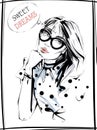 Hand drawn beautiful young woman in eyeglasses. Fashion woman in spotted shirt. Girl in fashion clothes. Sketch.