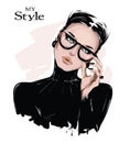 Hand drawn beautiful young woman in eyeglasses. Stylish girl in black shirt. Fashion woman look. Sketch. Royalty Free Stock Photo