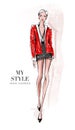 Hand drawn beautiful young woman in fashion clothes. Stylish girl in red jacket. Fashion woman look. Sketch.