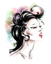 Hand drawn beautiful young woman with fashion colorful hairstyle. Stylish girl. Fashion woman lool. Female profle. Sketch.