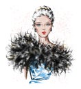 Hand drawn beautiful young woman with feather boa. Stylish elegant girl. Fashion woman look. Sketch.